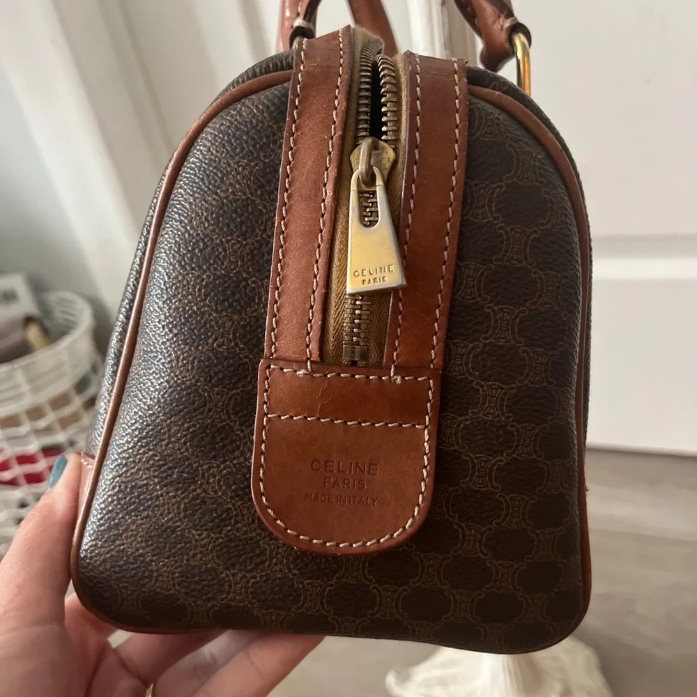 CELINE Macadam Mini Boston Hand Bag Purse Brown PVC Leather Italy - Picture 2 of 10